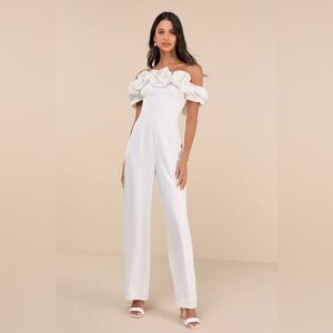 Lulus Immense Glamour White Satin Ruffled Off-the-Shoulder Jumpsuit